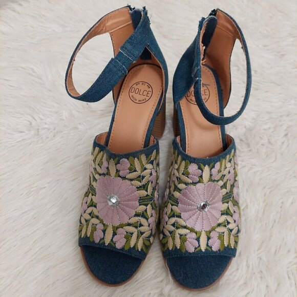 Dolce Mojo Moxy Denim Floral Boho Embroidered Heeled Sandals Shoes Open Toe 10M - Picture 10 of 10